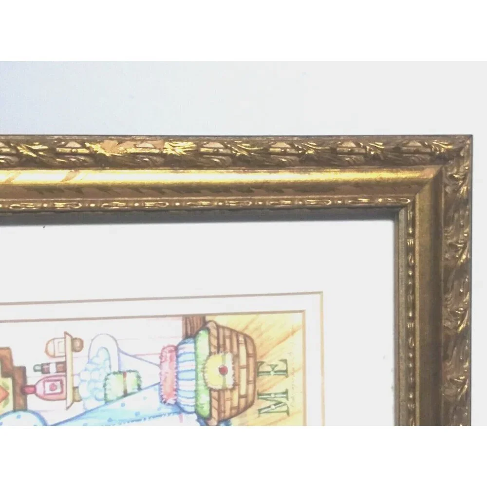 Debra Jordan Bryan Bathroom Angel Framed Matted Print gold ornate frame 11.75 in